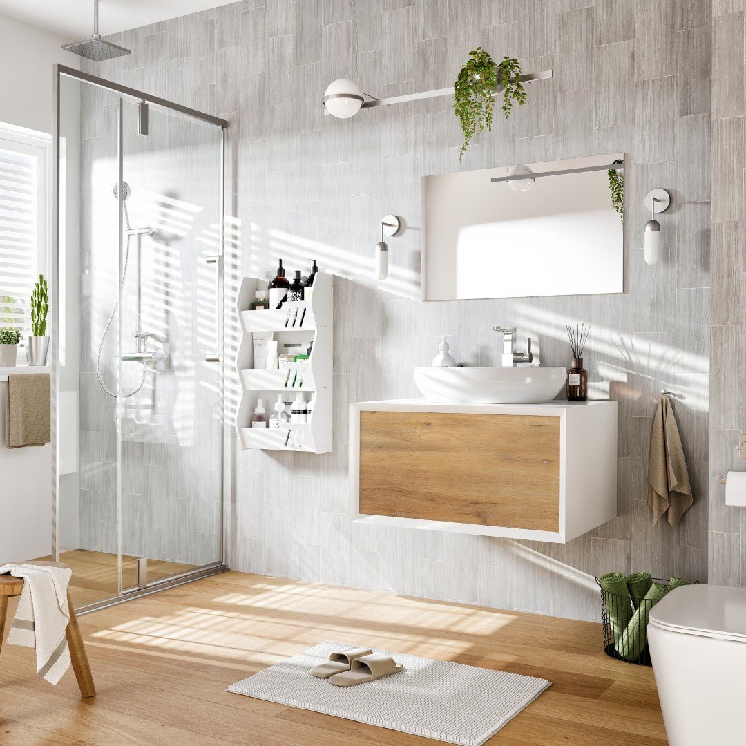 Santa Monica 30 in. White Oak Wall Mount Single Sink Bath Vanity with Acrylic Top and Vessel Solid Surface Sink - Bathroom Vanity by Eviva