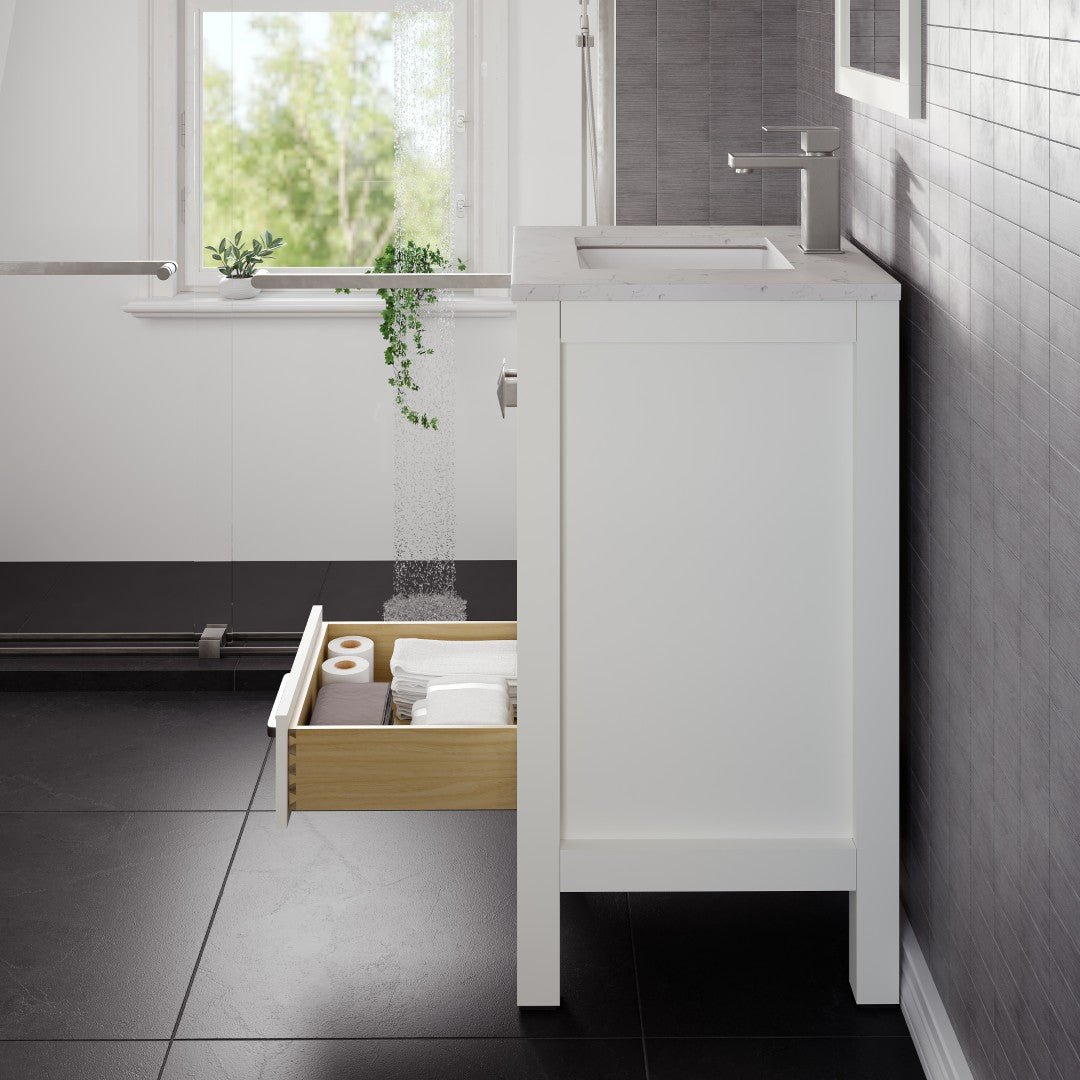 London 24 in. White Single Sink Bath Vanity with Carrara Quartz Top and Undermount Porcelain Sink - Bathroom Vanity by Eviva