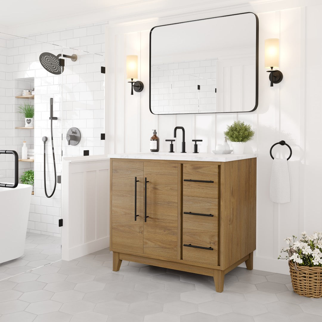 Graham 36 in. Oak Single Sink Bath Vanity with Arabescato Engineered Stone Top and Undermount Porcelain Sink