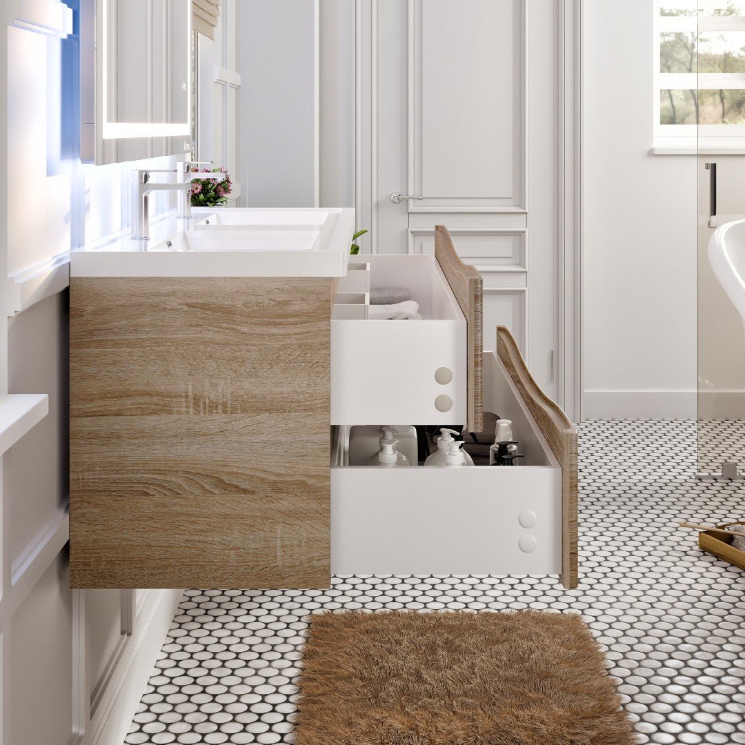 Smile 48 in. White Oak Wall Mount Double Sink Bath Vanity with Acrylic Top and Integrated Sinks - Bathroom Vanity by Eviva