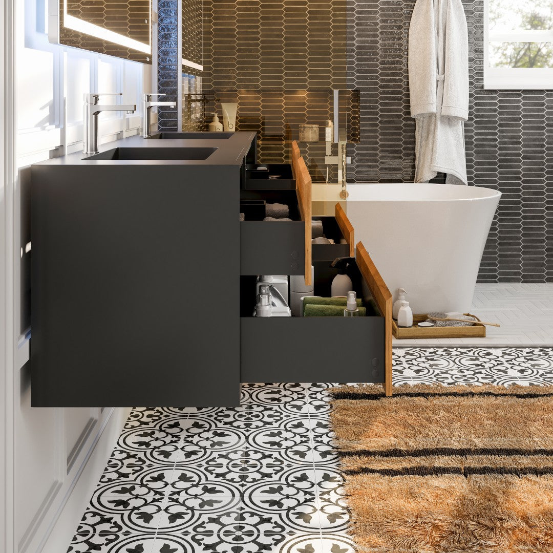 Vienna 75" Black Oak Wall Mount Double Sink  Bath Vanity with Acrylic Top and Integrated Sinks
