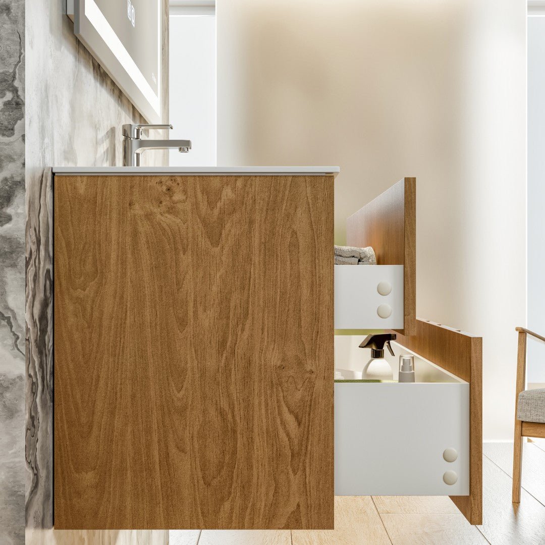 Lumber 44 in. Oak Wall Mount Single Sink Bath Vanity with Solid Surface Top and Integrated Sink - Bathroom Vanity by Eviva