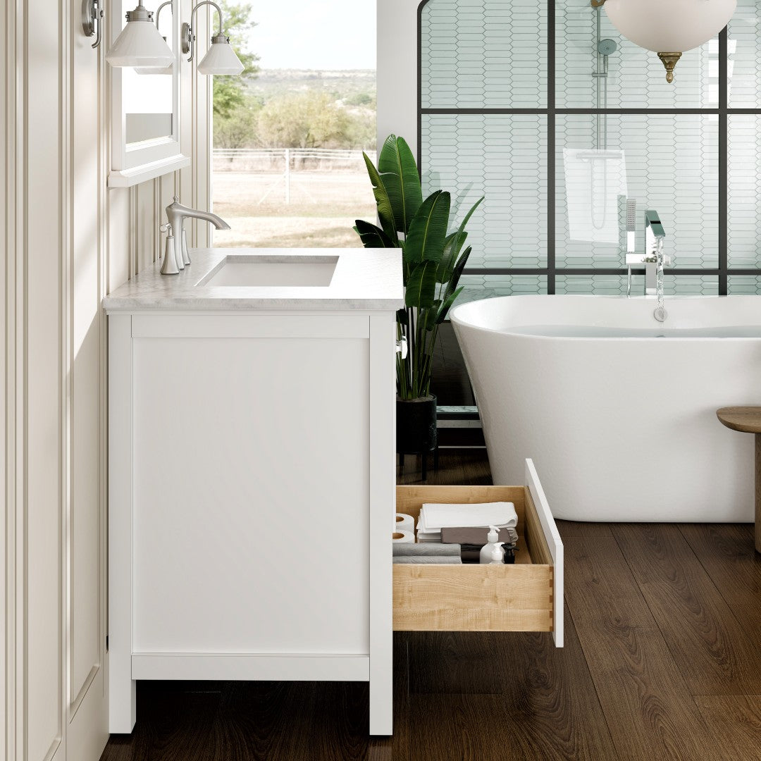 Eviva Britney 30 Inch Transitional White Bathroom Vanity with Carrera Marble Top