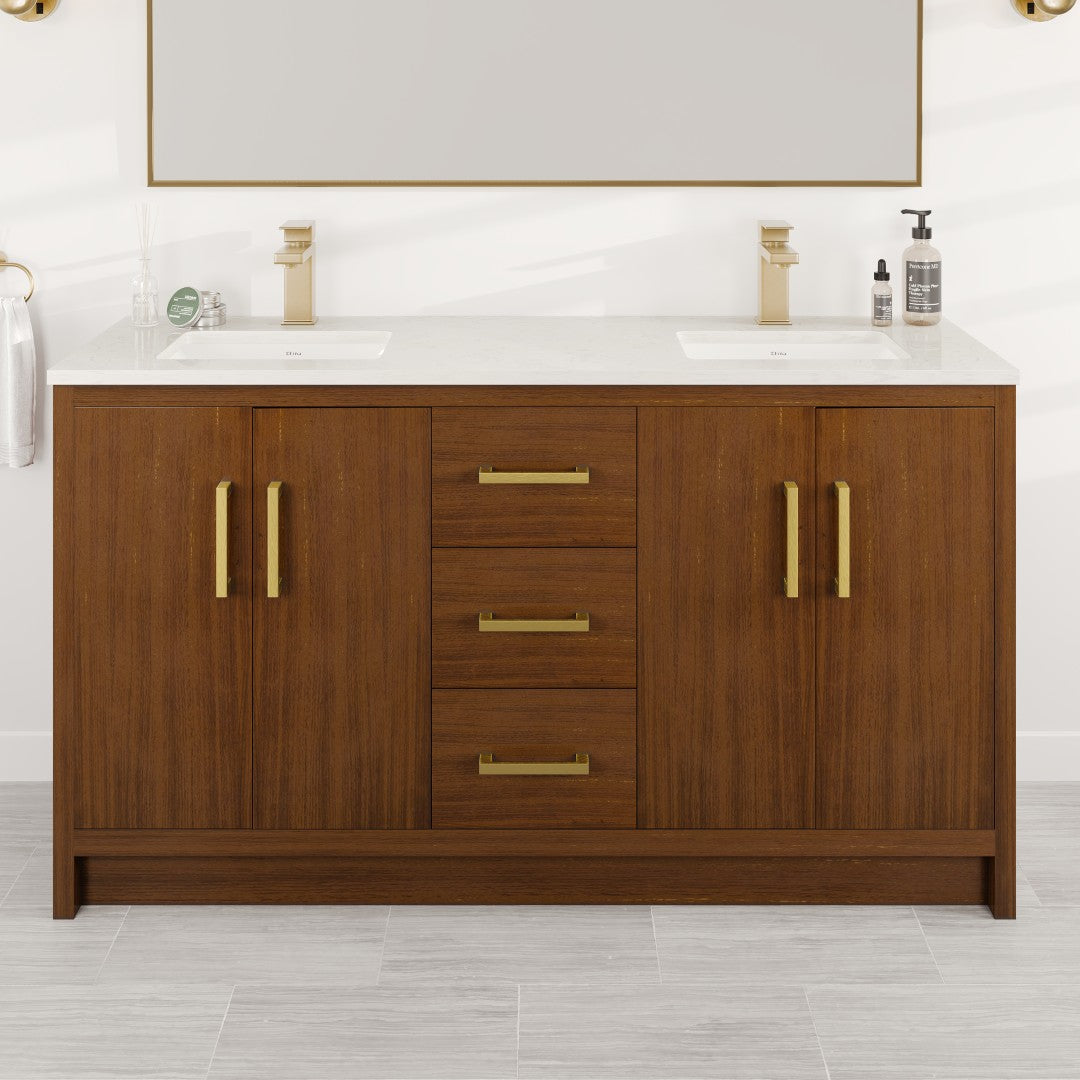 Curio 60 in. Walnut Double Sink  Bath Vanity with Carrara Quartz Top and Undermount Porcelain Sinks