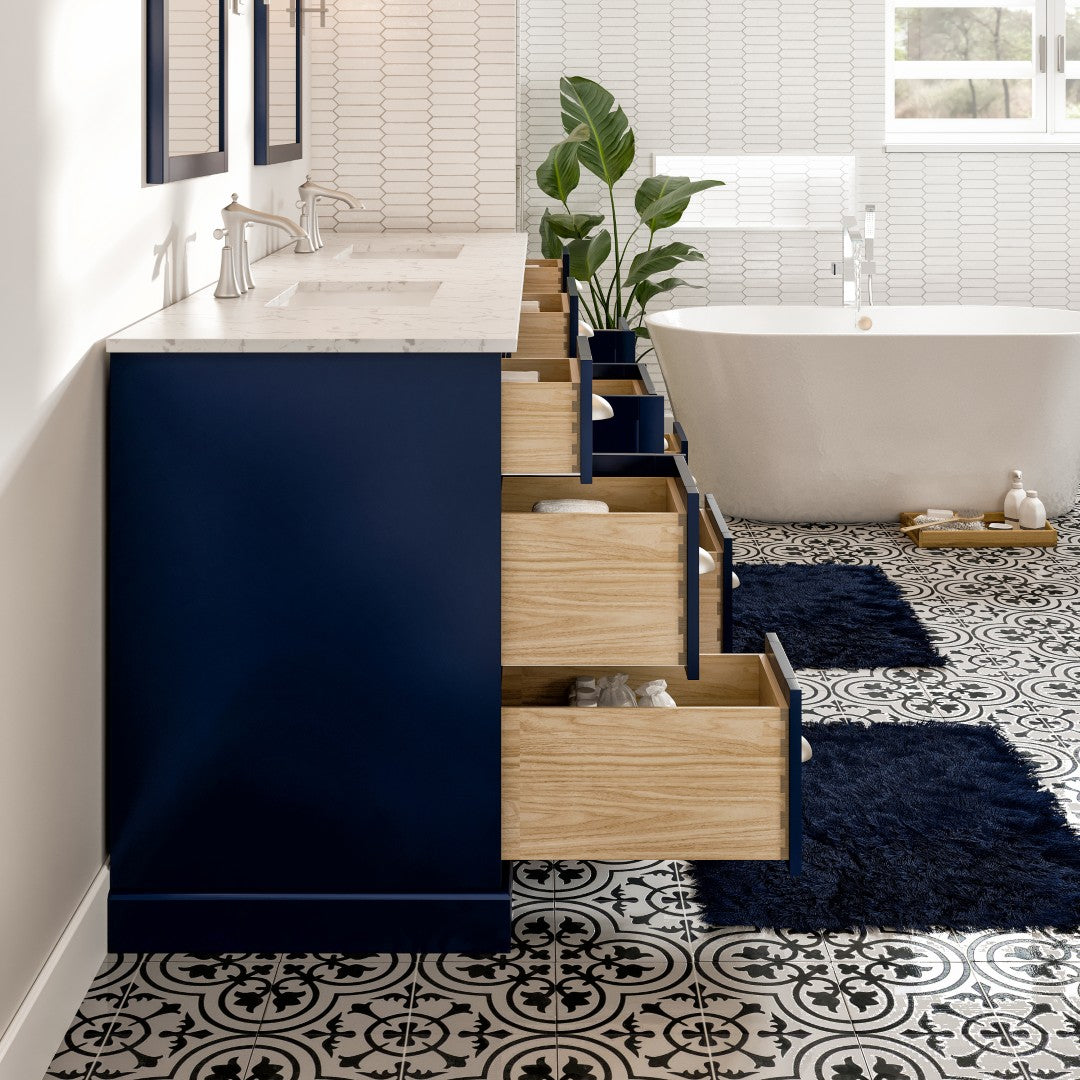 Epic 96 in. Blue Double Sink Bath Vanity with Carrara Quartz Top and Undermount Porcelain Sinks