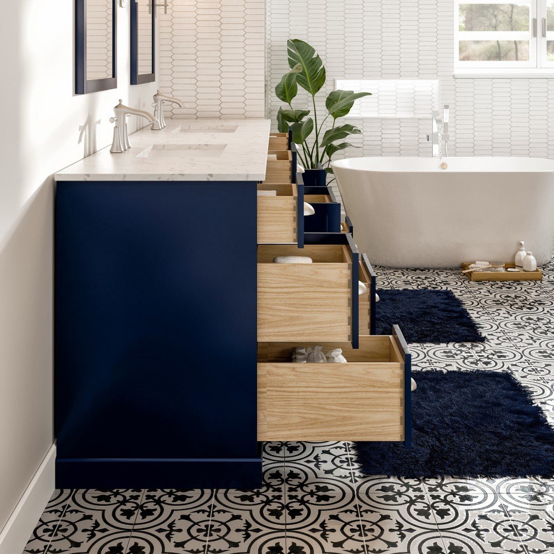 Epic 96 in. Blue Double Sink Bath Vanity with Carrara Quartz Top and Undermount Porcelain Sinks - Bathroom Vanity by Eviva