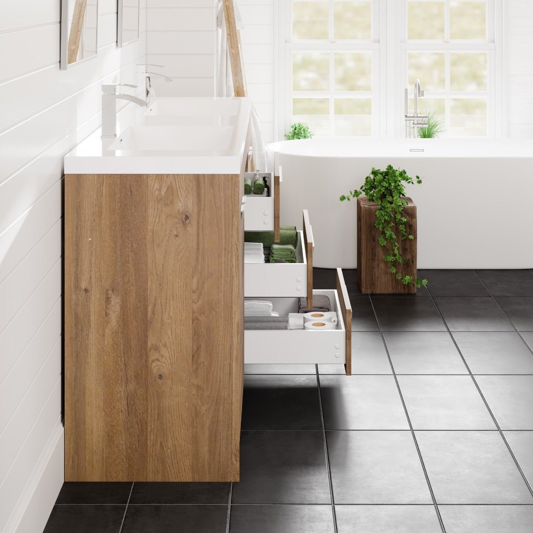 Lugano 72 in. Natural Oak Double Sink Freestanding Bath Vanity with Acrylic Top and Integrated Sinks - Bathroom Vanity by Eviva