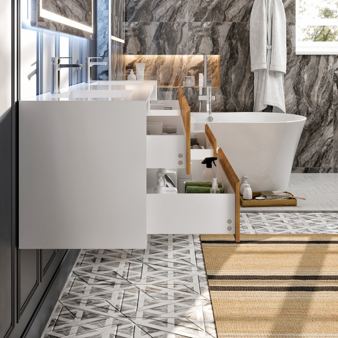 Vienna 75" WH Oak Wall Mount Double Sink Bath Vanity with Acrylic Top and Integrated Sinks