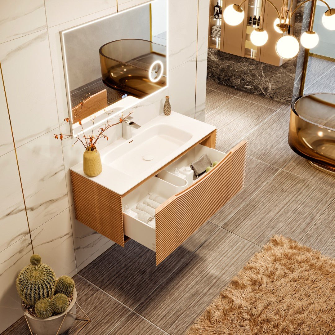 Leah 32 in. Medium Oak Wall Mount Single Sink Bath Vanity with Solid Surface Top and Integrated Sink - Bathroom Vanity by Eviva