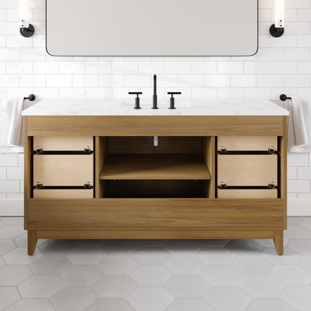 Graham 60 in. Oak Single Sink Bath Vanity with Arabescato Engineered Stone Top and Undermount Porcelain Sink - Bathroom Vanity by Eviva