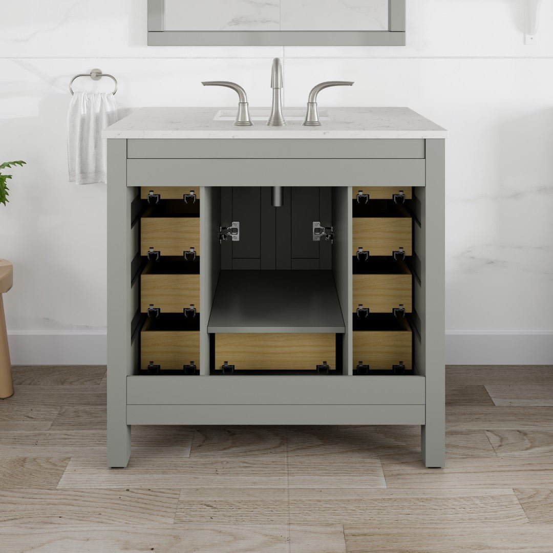 Hampton 36" x 22" Gray Single Sink Bath Vanity with Carrara Quartz Top and Undermount Porcelain Sink - Bathroom Vanity by Eviva