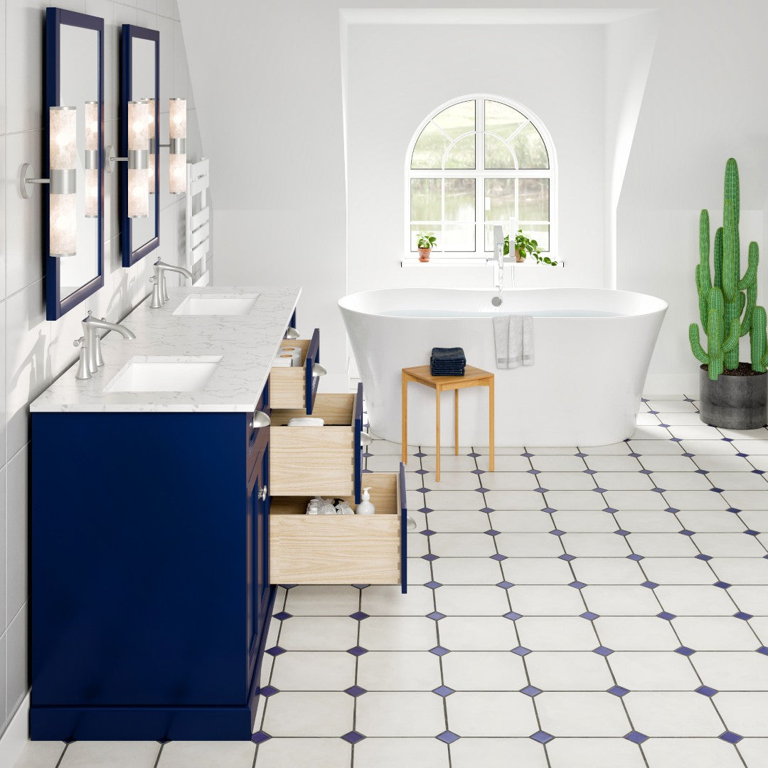 Epic 72 in. Blue Double Sink  Bath Vanity with Carrara Quartz Top and Undermount Porcelain Sinks