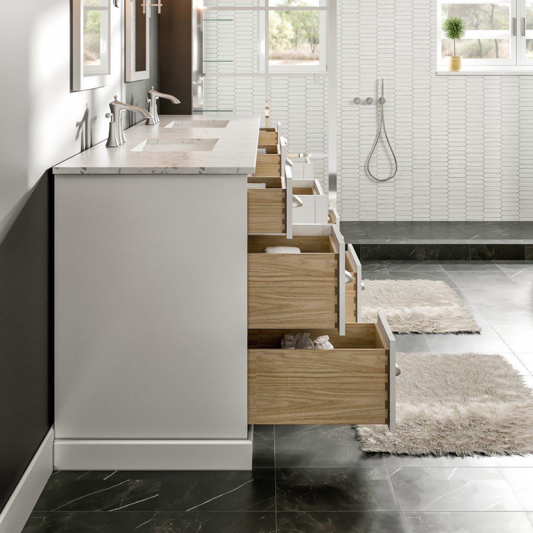 Epic 96 in. White Double Sink Bath Vanity with Carrara Quartz Top and Undermount Porcelain Sinks