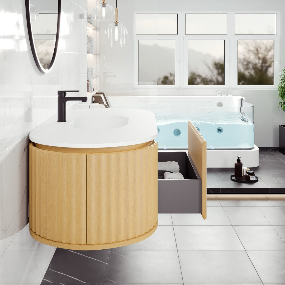 Haven 48 in. Natural Oak Wall Mount Single Sink Bath Vanity with Solid Surface Top and Integrated Sink