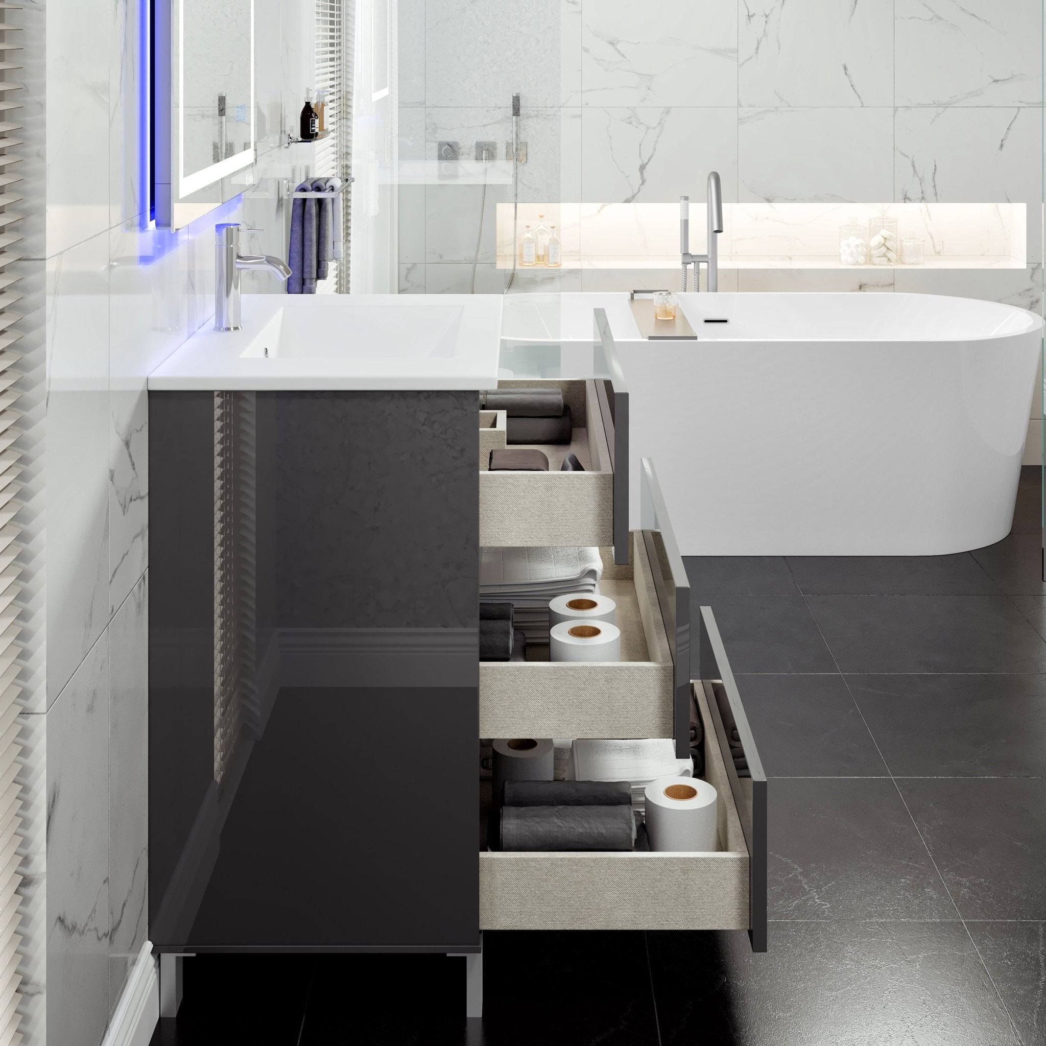 Deluxe 32 in. Gray Single Sink Bath Vanity with Porcelain Top and Integrated Sink - Bathroom Vanity by Eviva