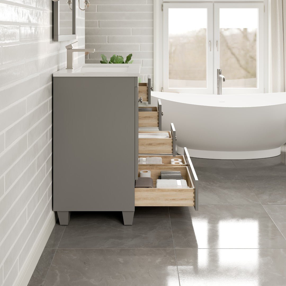 Happy 30 in. Gray Single Sink Bath Vanity with Carrara Quartz Top and Undermount Porcelain Sink - Bathroom Vanity by Eviva