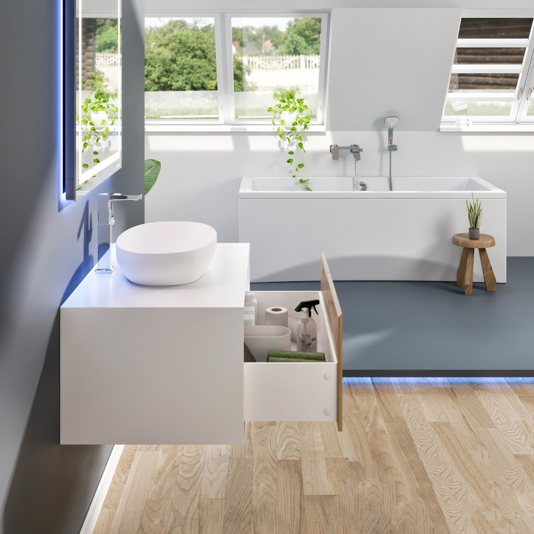 Santa Monica 36 in. White Oak Wall Mount Single Sink Bath Vanity with Acrylic Top and Vessel Solid Surface Sink