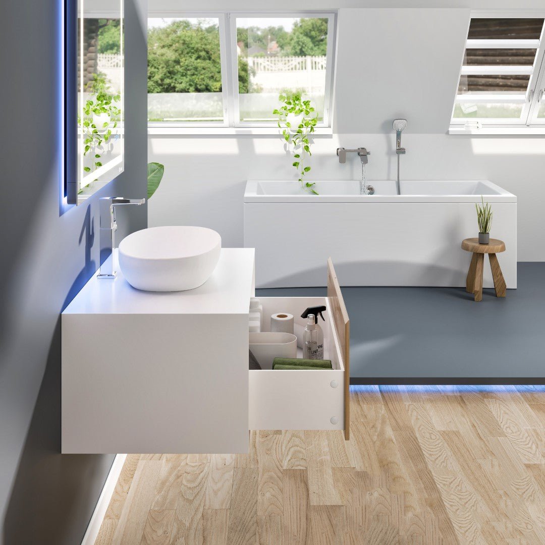 Santa Monica 36 in. White Oak Wall Mount Single Sink Bath Vanity with Acrylic Top and Vessel Solid Surface Sink - Bathroom Vanity by Eviva