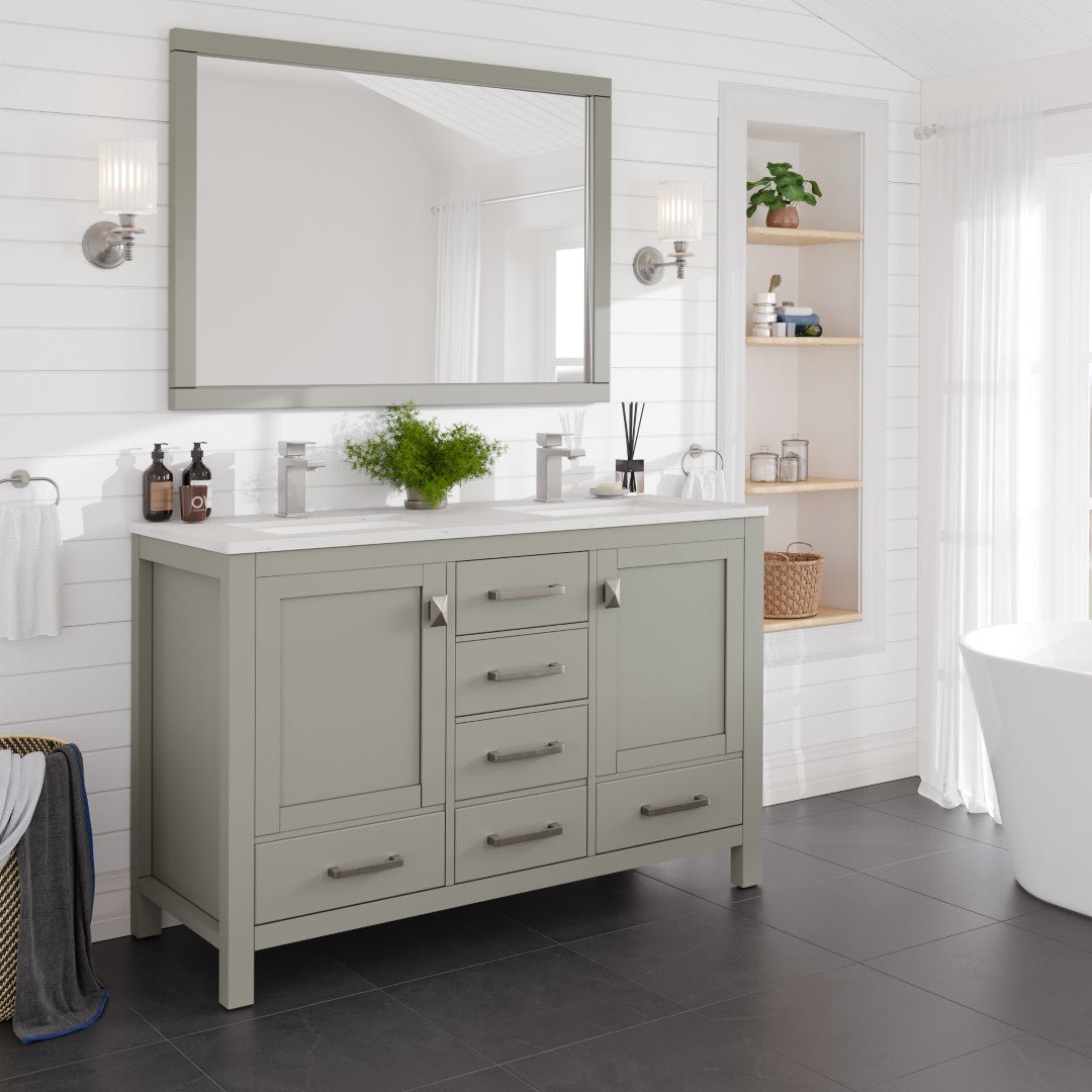 London 54 in. Gray Double Sink Bath Vanity with Carrara Quartz Top and Undermount Porcelain Sinks - Bathroom Vanity by Eviva