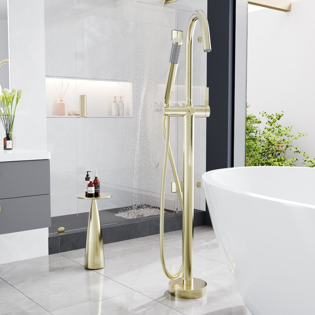 Eviva Modem Single-Handle Freestanding Tub Faucet with Hand Shower in Brushed Gold