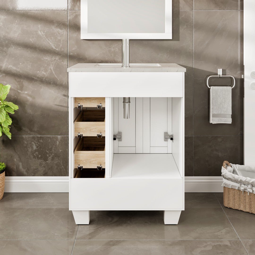 Happy 24 in. White Single Sink Bath Vanity with Carrara Quartz Top and Undermount Porcelain Sink - Bathroom Vanity by Eviva