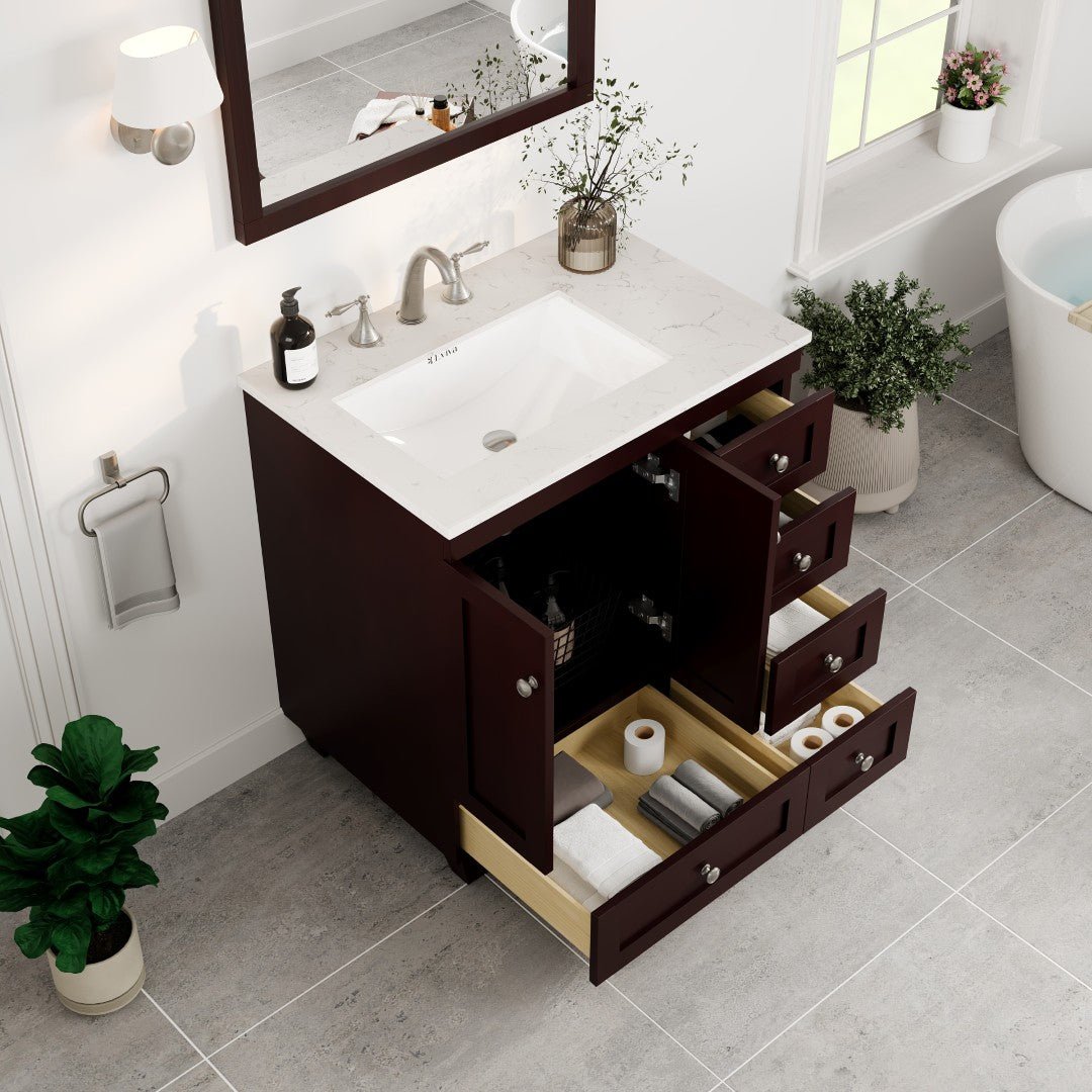 Acclaim 30 in. Teak Single Sink Bath Vanity with Carrara Quartz Top and Undermount Porcelain Sink - Bathroom Vanity by Eviva