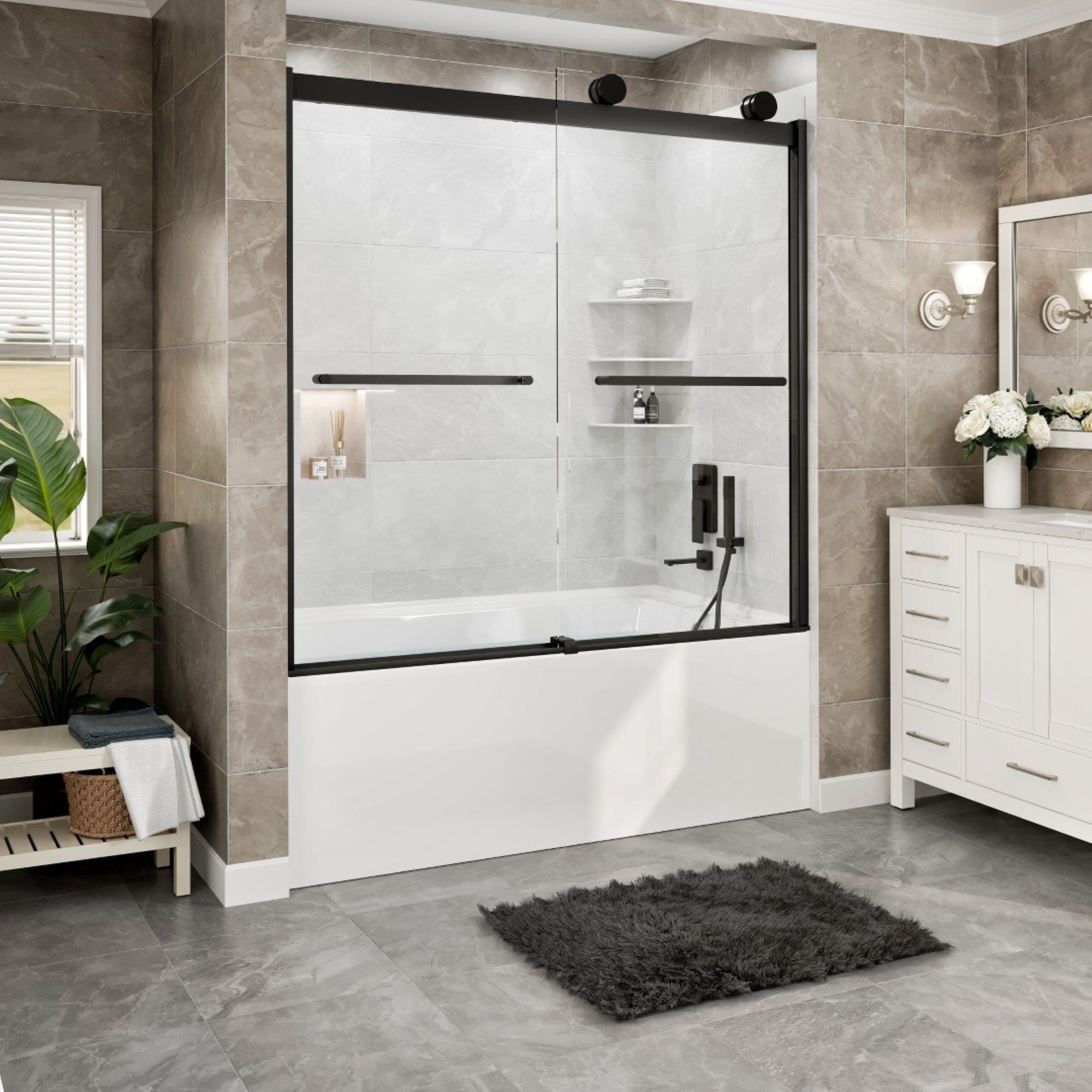 Eviva Luxor 60 in. W x 60 in. H Sliding Frameless Shower Door in Matte Black with Tempered Glass