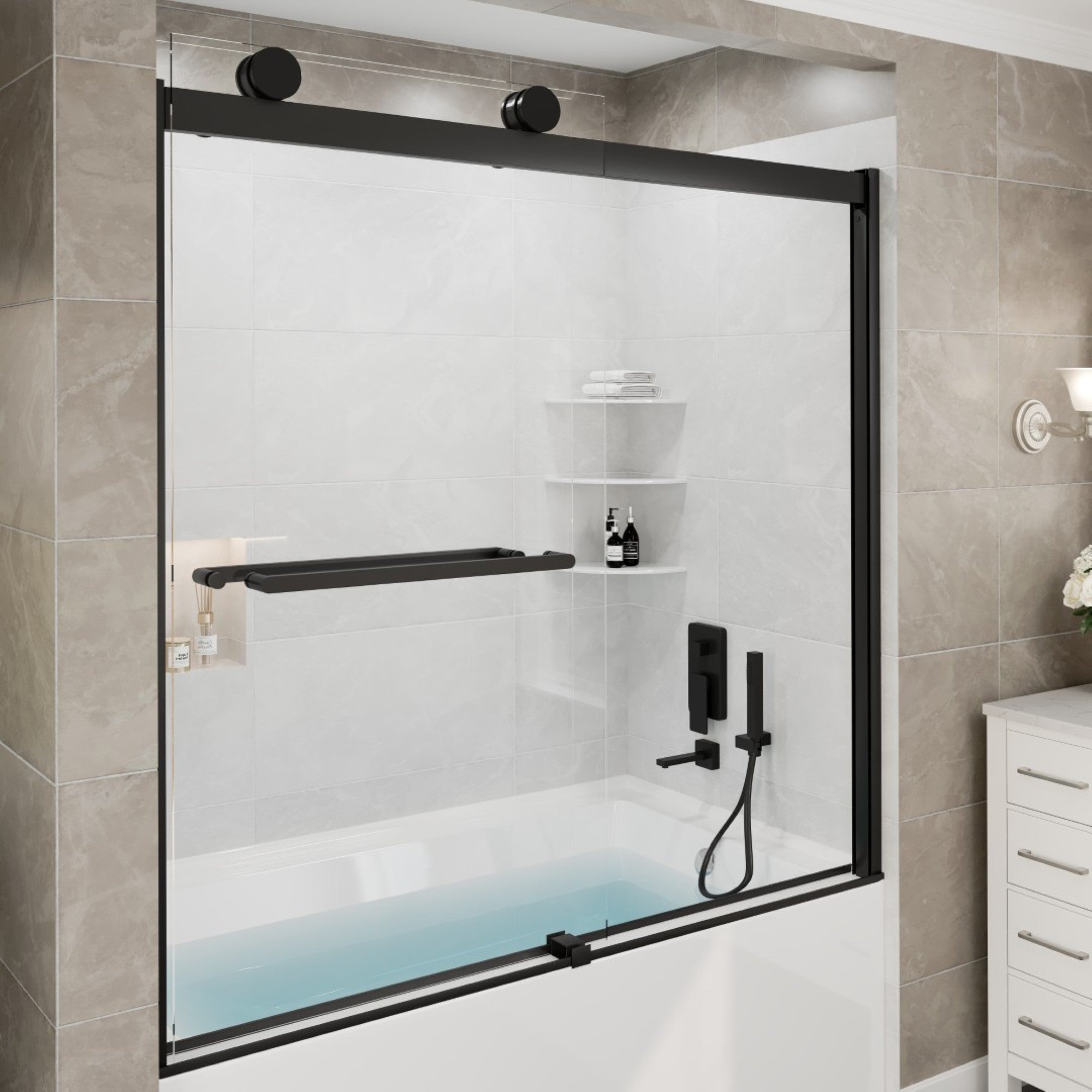 Eviva Luxor 60 in. W x 60 in. H Sliding Frameless Shower Door in Matte Black with Tempered Glass