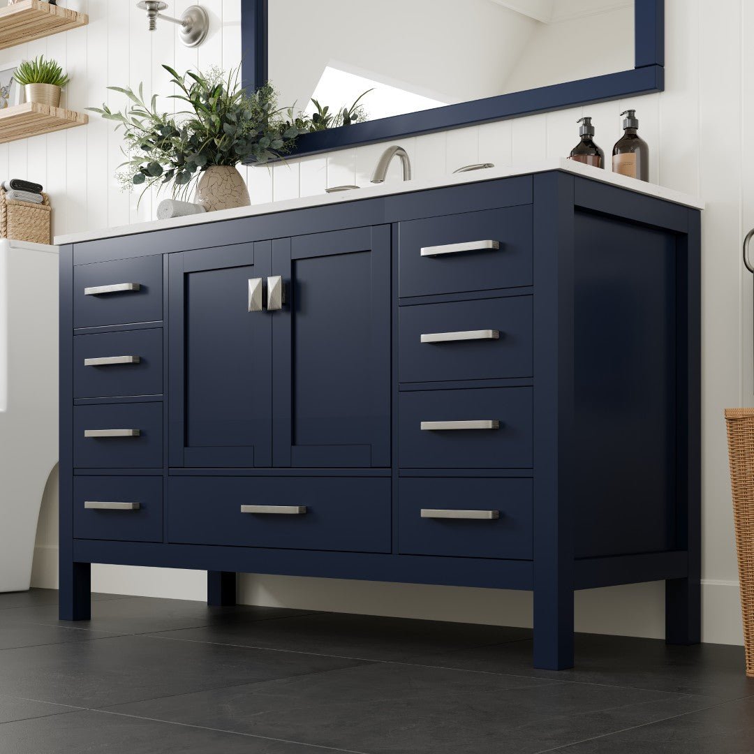 Aberdeen 54 in. Blue Single Sink Bath Vanity with Carrara Quartz Top and Undermount Porcelain Sink - Bathroom Vanity by Eviva