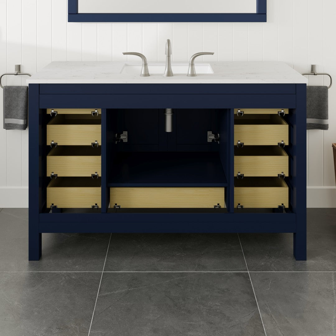 Aberdeen 54 in. Blue Single Sink Bath Vanity with Carrara Quartz Top and Undermount Porcelain Sink