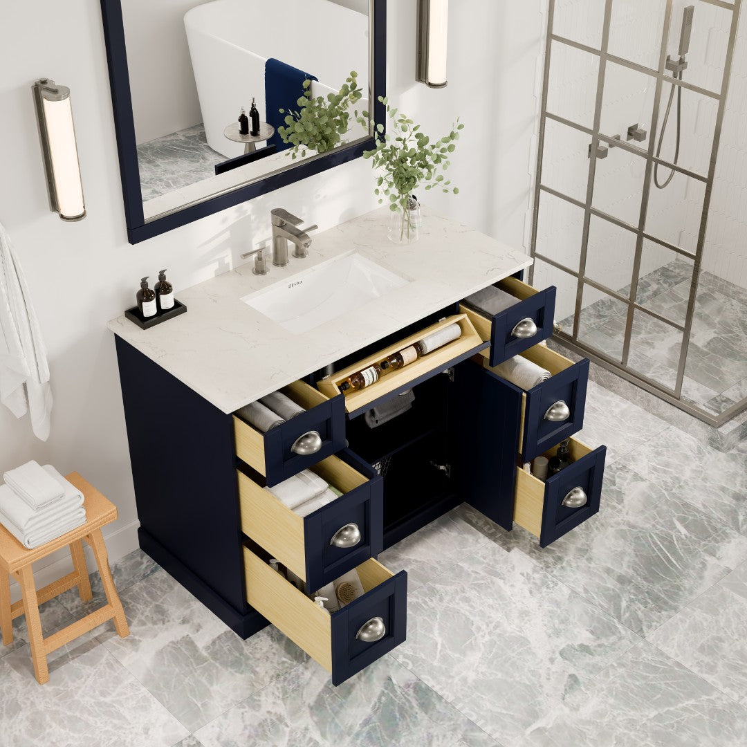 Epic 48 in. Blue Single Sink Bath Vanity with Carrara Quartz Top and Undermount Porcelain Sink