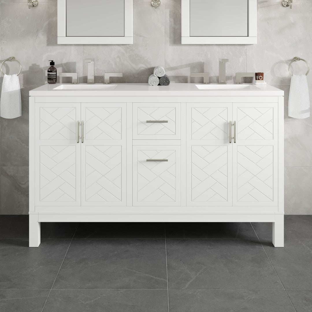 Cambridge 60 in. White Double Sink Bath Vanity with Quartz Top and Undermount Porcelain Sinks