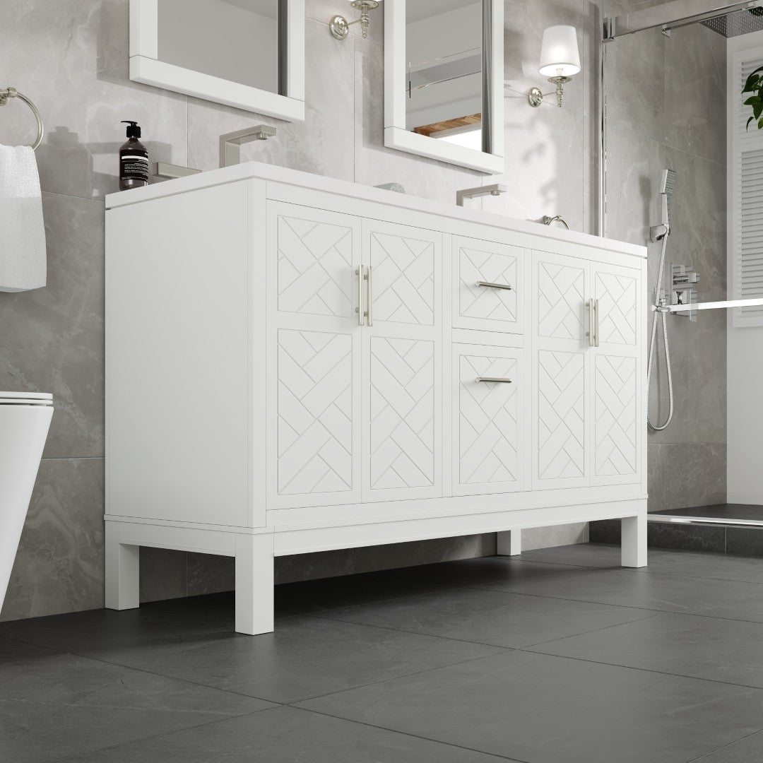 Cambridge 60 in. White Double Sink Bath Vanity with Quartz Top and Undermount Porcelain Sinks