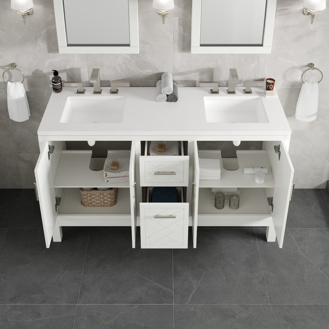 Cambridge 60 in. White Double Sink Bath Vanity with Quartz Top and Undermount Porcelain Sinks