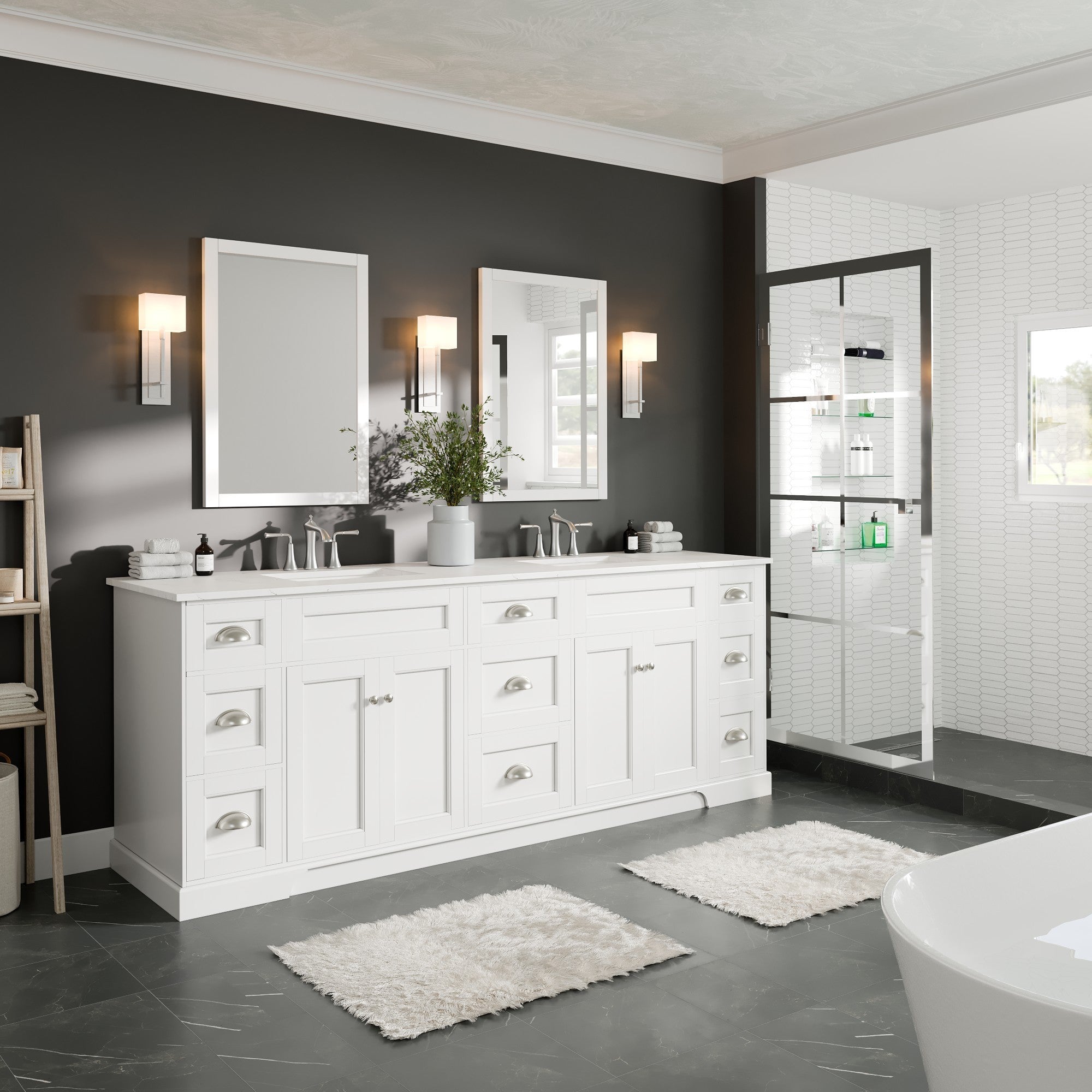 Epic 84 in. White Double Sink Bath Vanity with Carrara Quartz Top and Undermount Porcelain Sinks