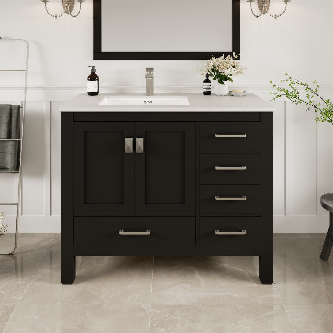 The image shows a black Eviva London 42 in. espresso single sink bath vanity with a white Carrara quartz top and an undermount porcelain sink.