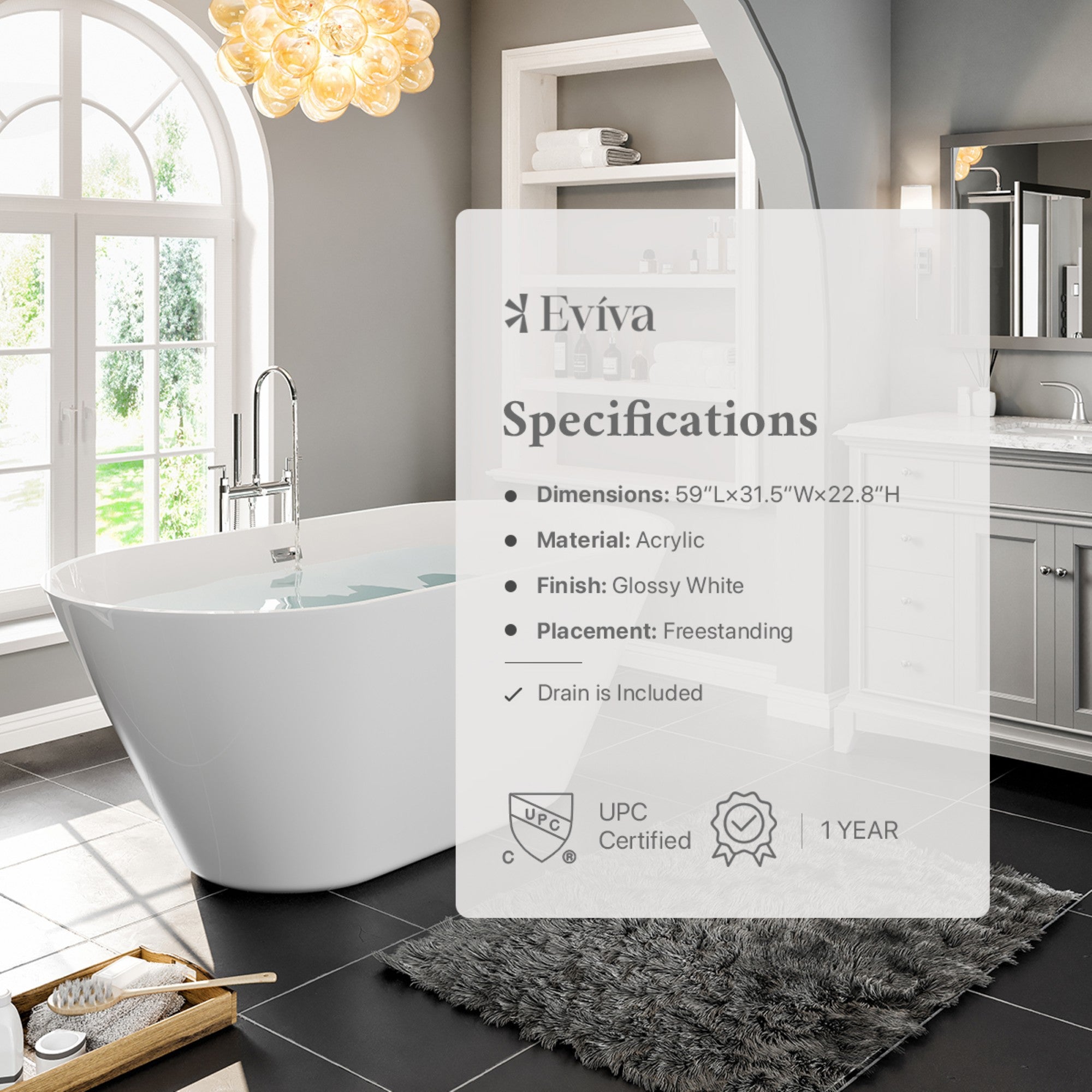 Eviva Aries 59" Glossy White Acrylic Freestanding Bathtub