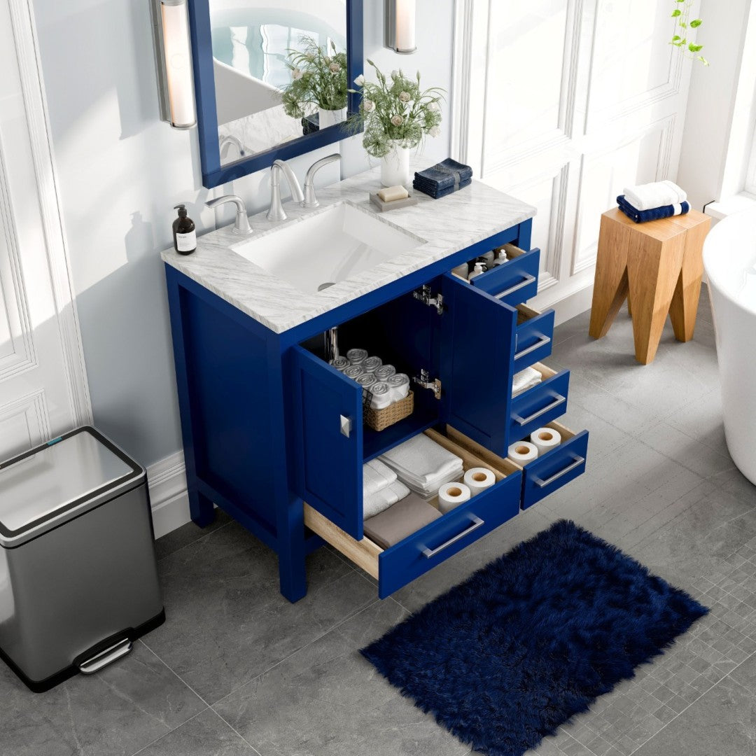 Aberdeen 36 in. Blue Single Sink Bath Vanity with Carrara Marble Top and Undermount Porcelain Sink