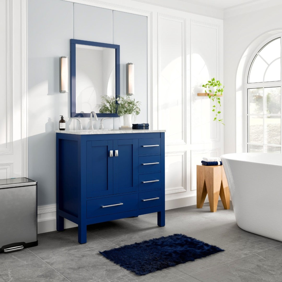 Aberdeen 36 in. Blue Single Sink Bath Vanity with Carrara Marble Top and Undermount Porcelain Sink