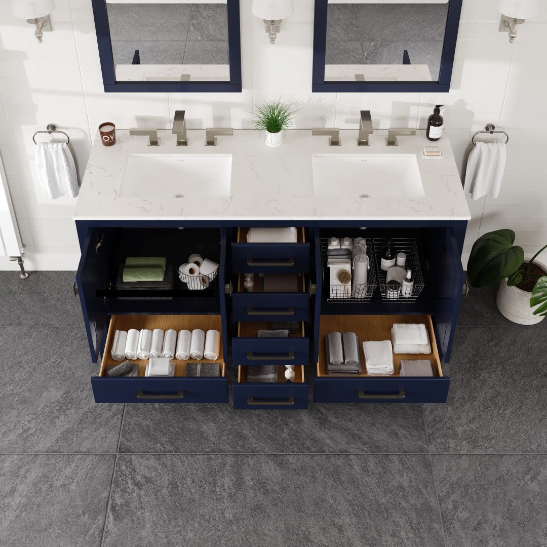Aberdeen 60 in. Blue Double Sink Bath Vanity with Carrara Quartz Top and Undermount Porcelain Sinks - Bathroom Vanity by Eviva