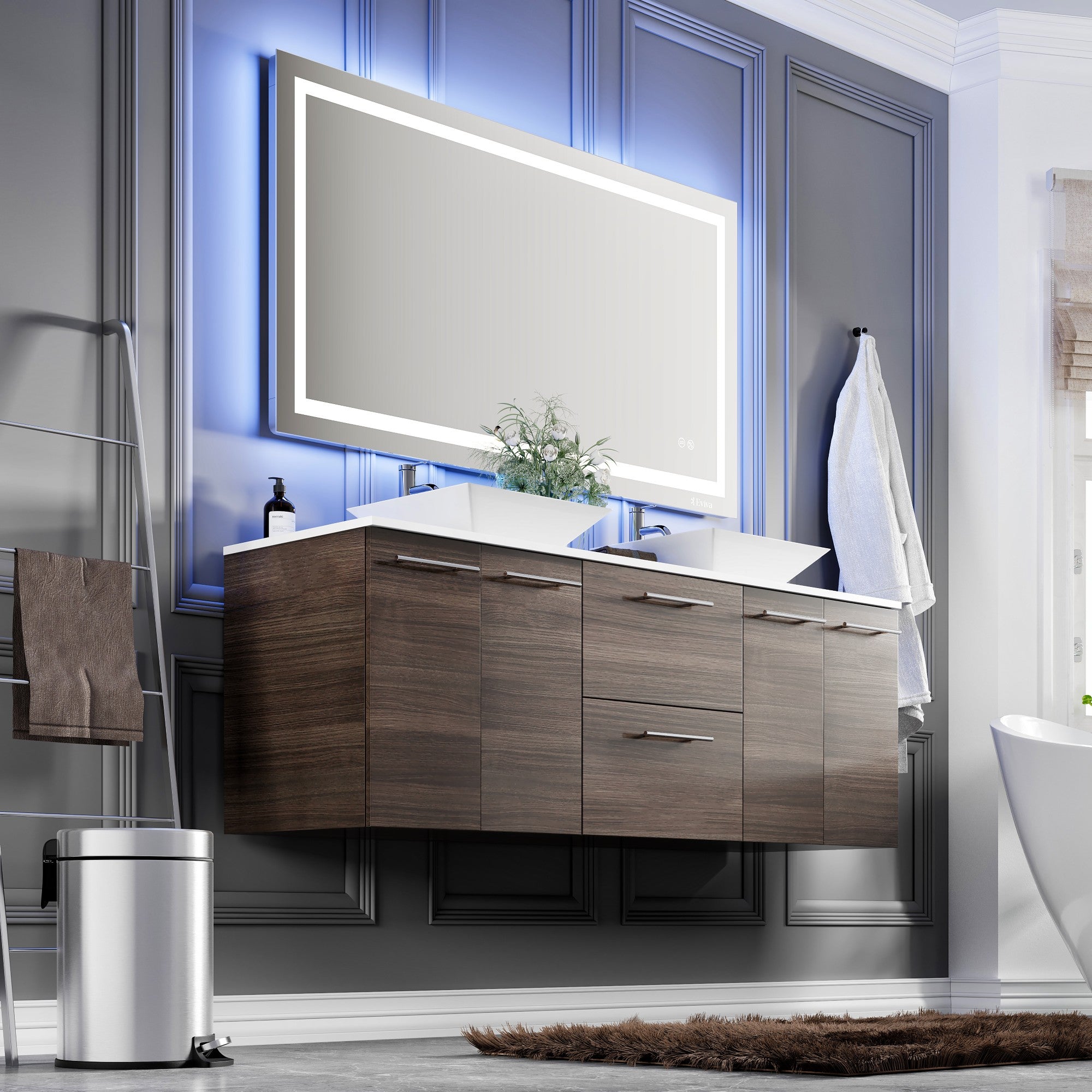 Lux 60 in. Gray Oak Wall Mount Double Sink Bath Vanity with White Quartz Top and Vessel Porcelain Sinks