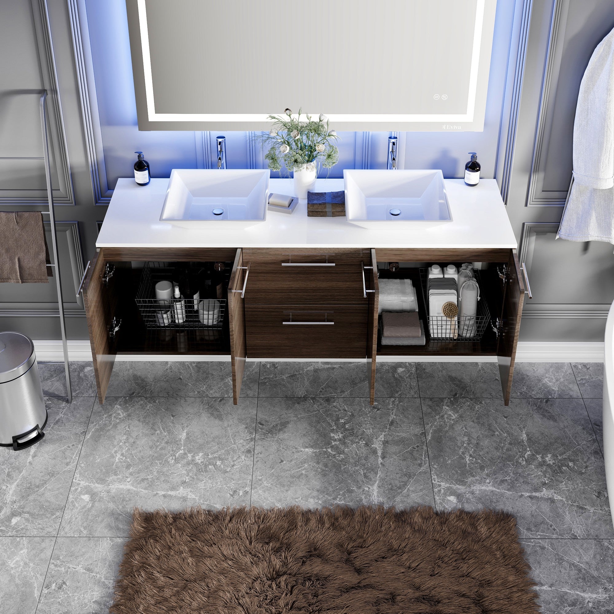 Lux 60 in. Gray Oak Wall Mount Double Sink Bath Vanity with White Quartz Top and Vessel Porcelain Sinks