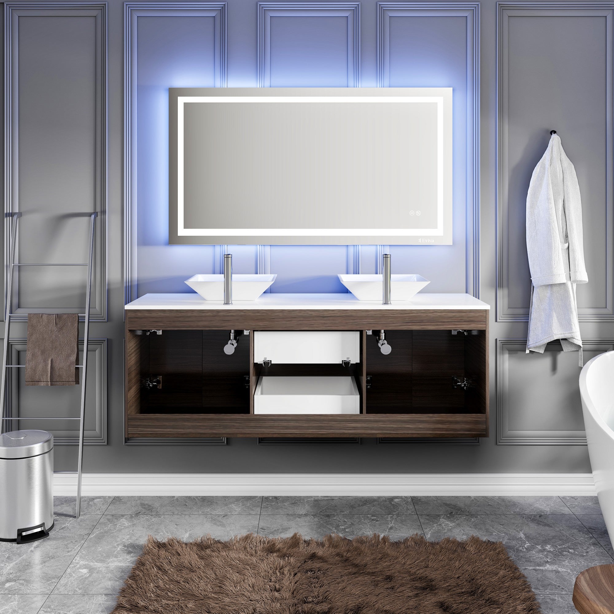 Lux 60 in. Gray Oak Wall Mount Double Sink Bath Vanity with White Quartz Top and Vessel Porcelain Sinks