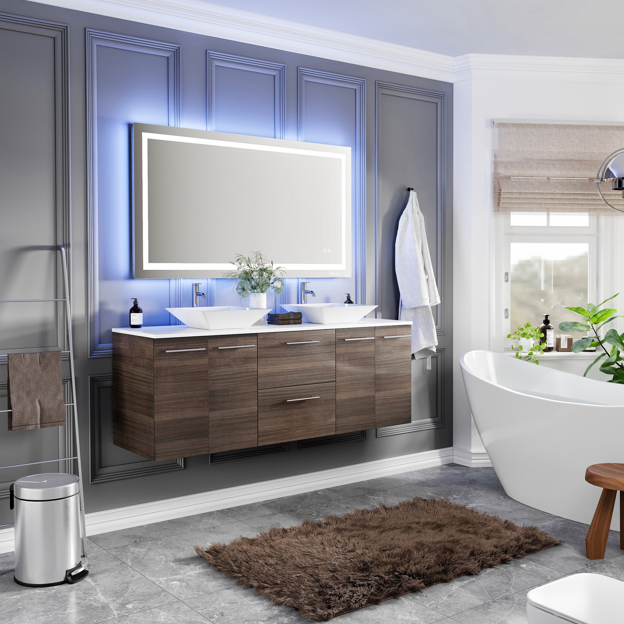 Lux 60 in. Gray Oak Wall Mount Double Sink Bath Vanity with White Quartz Top and Vessel Porcelain Sinks