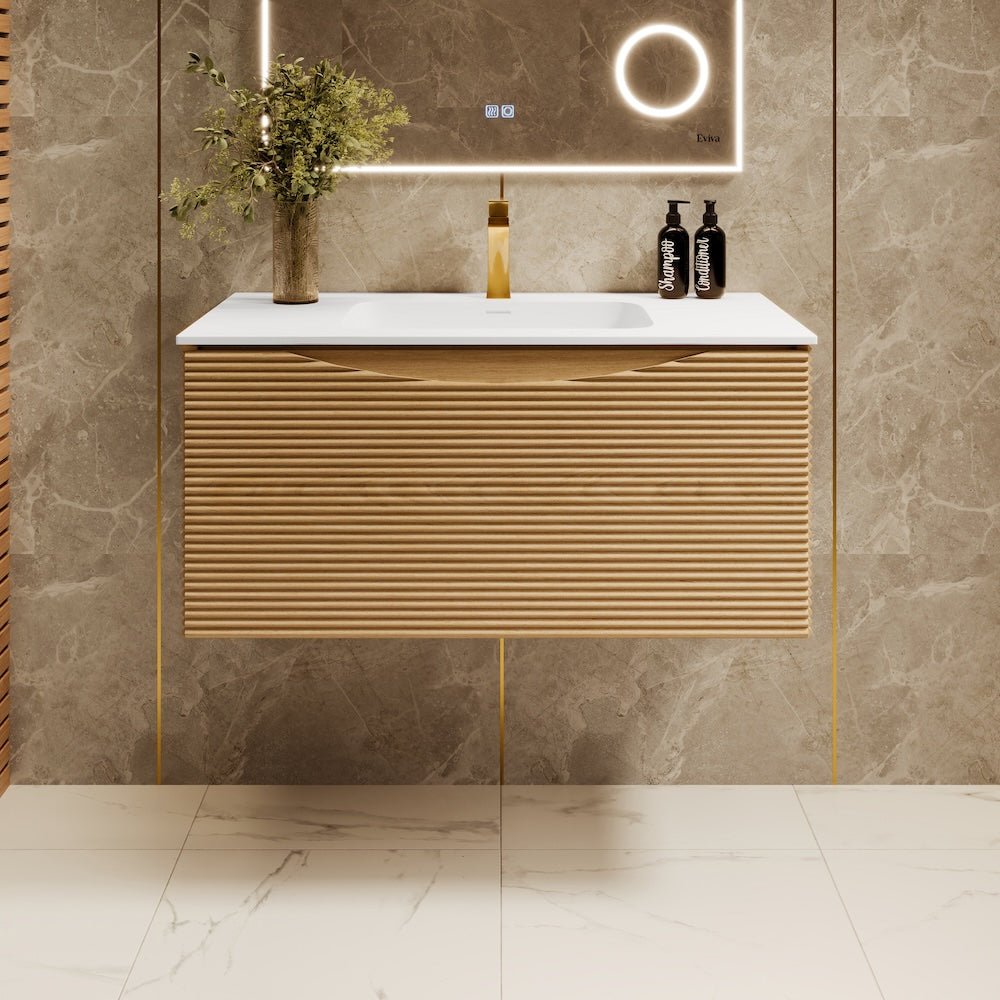 Leah 39 in. Medium Oak Wall Mount Single Sink Bath Vanity with Solid Surface Top and Integrated Sink - Bathroom Vanity by Eviva