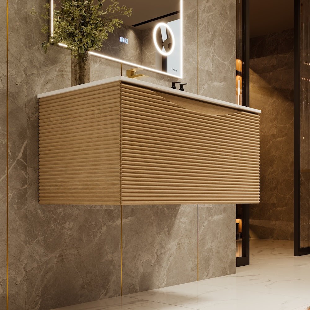 Leah 39 in. Medium Oak Wall Mount Single Sink Bath Vanity with Solid Surface Top and Integrated Sink - Bathroom Vanity by Eviva