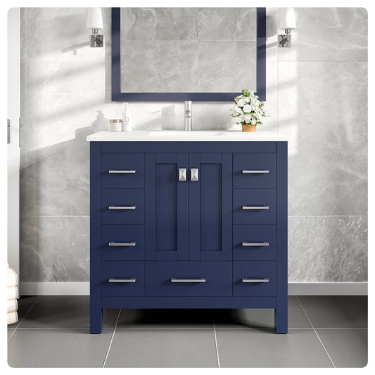 Hampton 36"W x 18"D Blue Bathroom Vanity with Carrara Quartz Countertop and Undermount Porcelain Sink