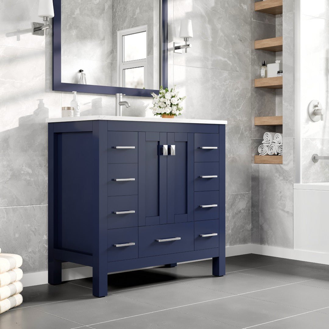 Hampton 36" x 18" Blue Single Sink Bath Vanity with Carrara Quartz Top and Undermount Porcelain Sink - Bathroom Vanity by Eviva