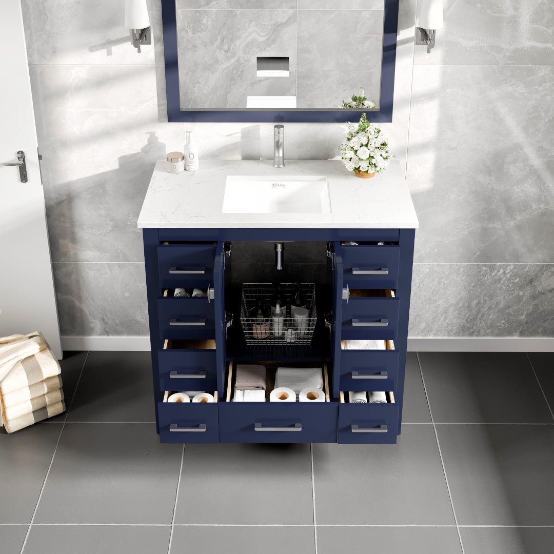 Hampton 36" x 18" Blue Single Sink Bath Vanity with Carrara Quartz Top and Undermount Porcelain Sink - Bathroom Vanity by Eviva