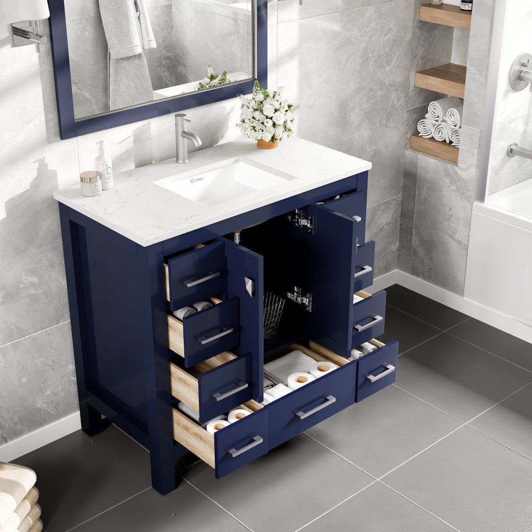 Hampton 36" x 18" Blue Single Sink Bath Vanity with Carrara Quartz Top and Undermount Porcelain Sink - Bathroom Vanity by Eviva